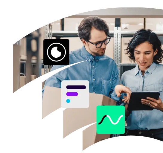 Two coworkers in a warehouse discussing something on a tablet, with overlaid app icons for logistics and communication tools