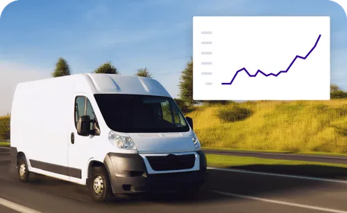 hite delivery van driving on a highway with a chart overlay in the top right corner showing an upward trend