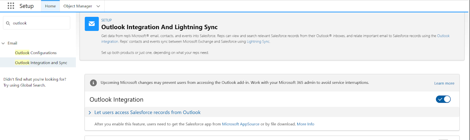 outlook configuration screenshot in salesforce