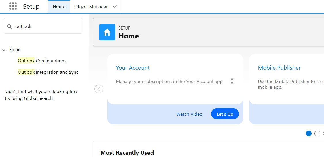 how to search outlook configuration in salesforce