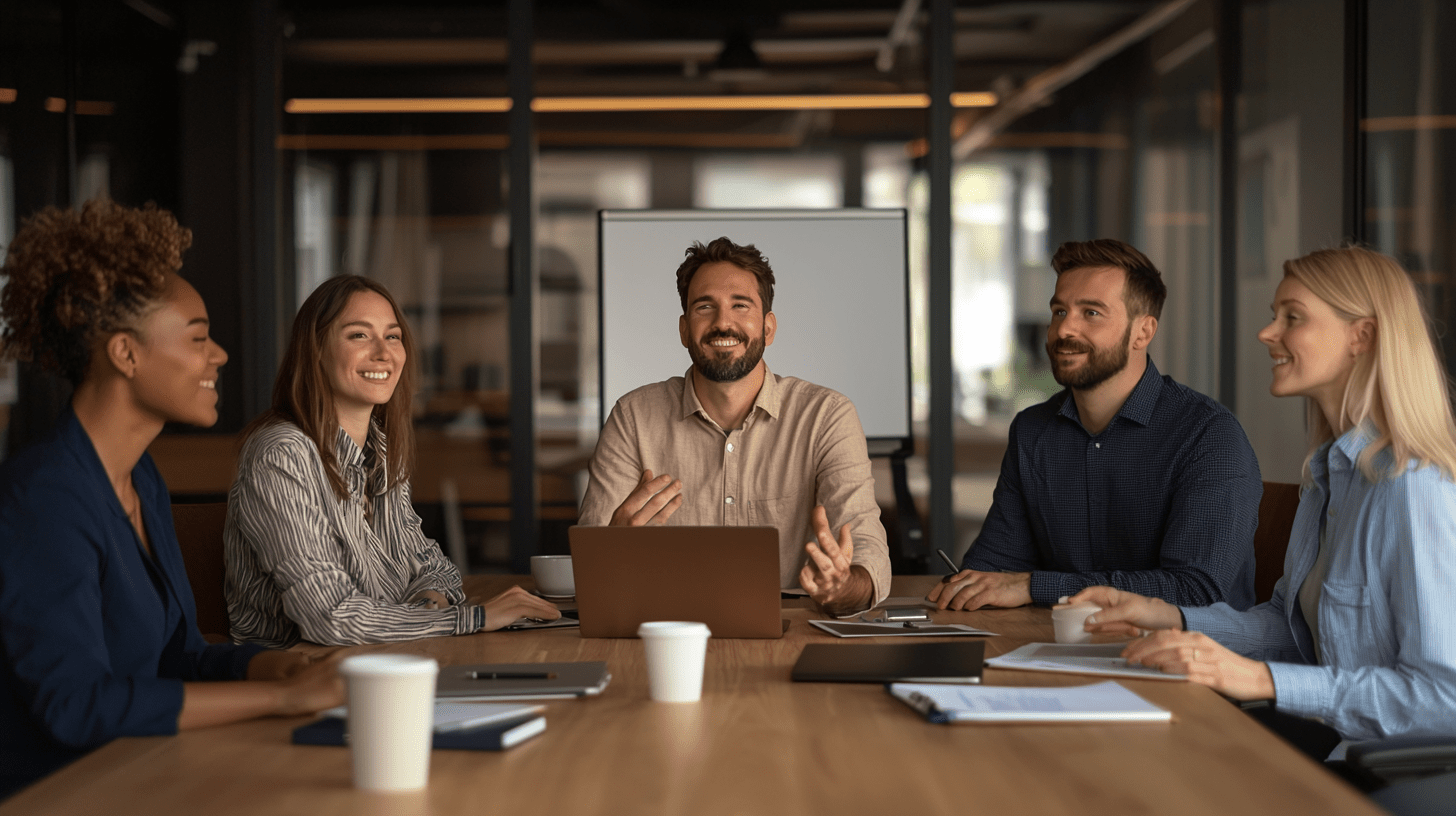 Une équipe de travail est réunie autour d'une table, chacun utilisant un ordinateur portable pour discuter de la refonte de site internet. L'atmosphère est collaborative, reflétant l'importance de l'expérience utilisateur et de la stratégie numérique dans leur projet.