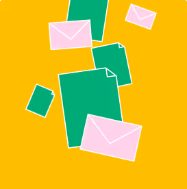 Grafik von Briefen und Dokumenten die eingeflogen kommen