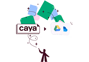 Cayan Männchen übermittelt Dokumente aus Caya heraus in Google Drive und Cloud