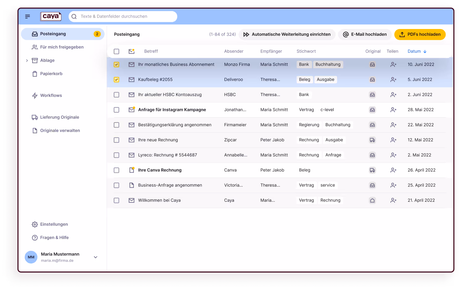 Screenshot vom Caya Posteingang