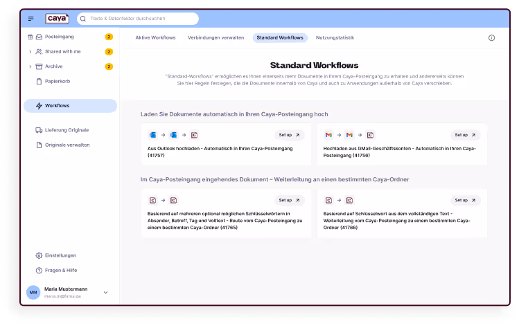 Screenshot von Workflow Datenbank im Caya Cockpit