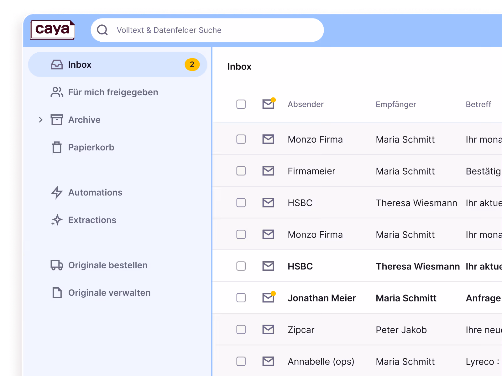 Screenshot von der Caya Inbox mit neuen Dokumenten die gerade hereingekommen sind
