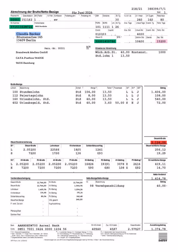 Lohnabrechnung mit Angaben zu Personalnummer, Steuer-ID, Rentenversicherungsnummer, Arbeitsstunden und Bruttoentgelt.