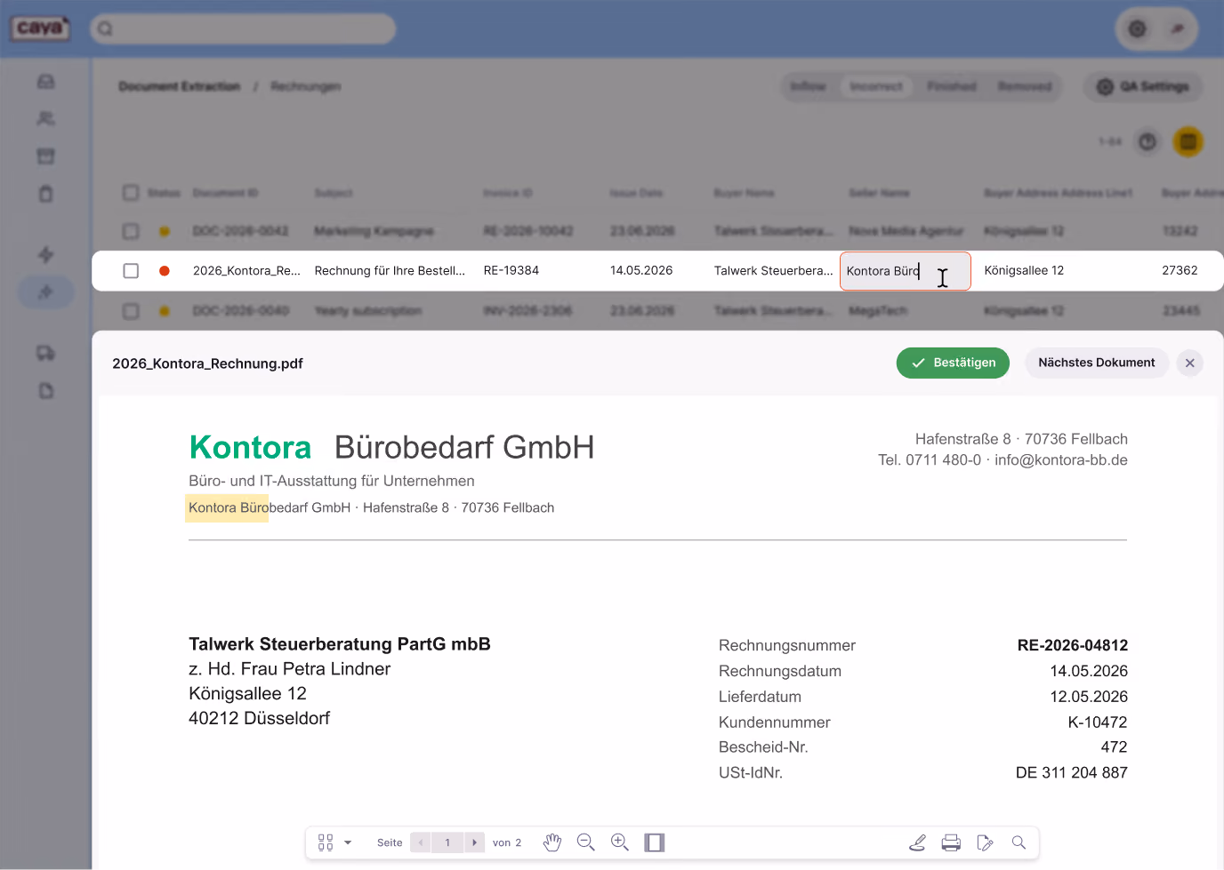 Caya inbox in der Inflow Ansicht aller extrahierten Daten zur überprüfung