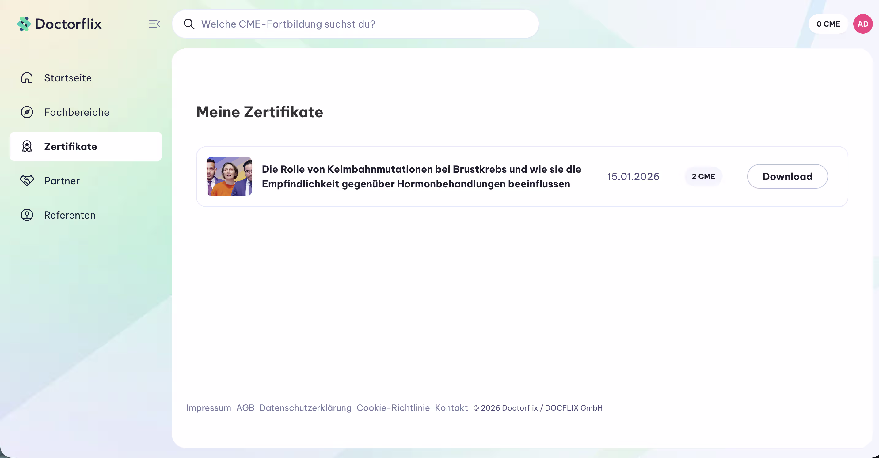 Bildschirmfoto Doctorflix Lernplattform Zertifikatbereich