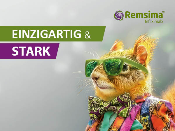 Eichhörnchen mit Sonnenbrille und bunter fliege schaut auf schriftzug "Einzigartig & Stark"