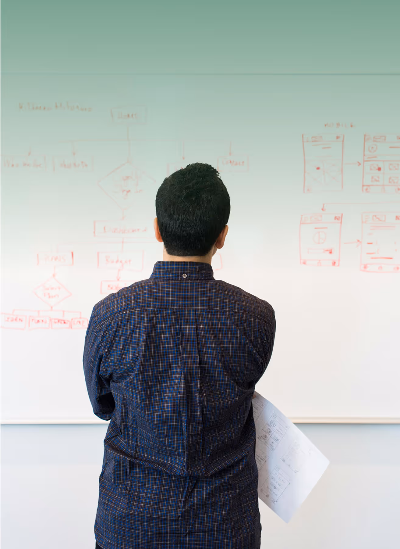 A man stands in front of a whiteboard, preparing to present information to an audience.