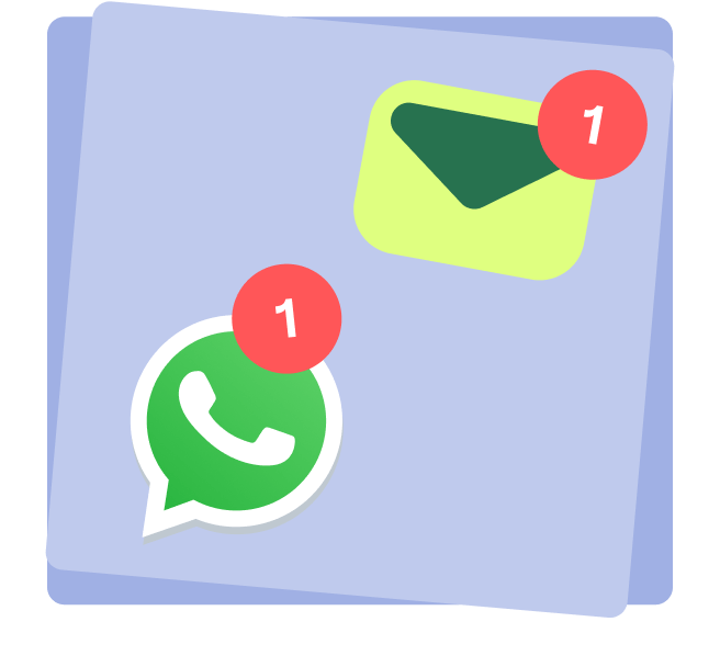Illustration von WhatsApp- und E-Mail-Symbolen mit Benachrichtigungs-Icon zur Anzeige neuer Nachrichten.