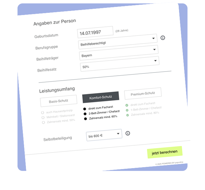 Eingabemaske eines privaten Krankenversicherungsrechners mit Angaben zu Geburtsdatum, Berufsgruppe, Beihilfesatz, Leistungsumfang und Selbstbeteiligung sowie Button zur Tarifberechnung.