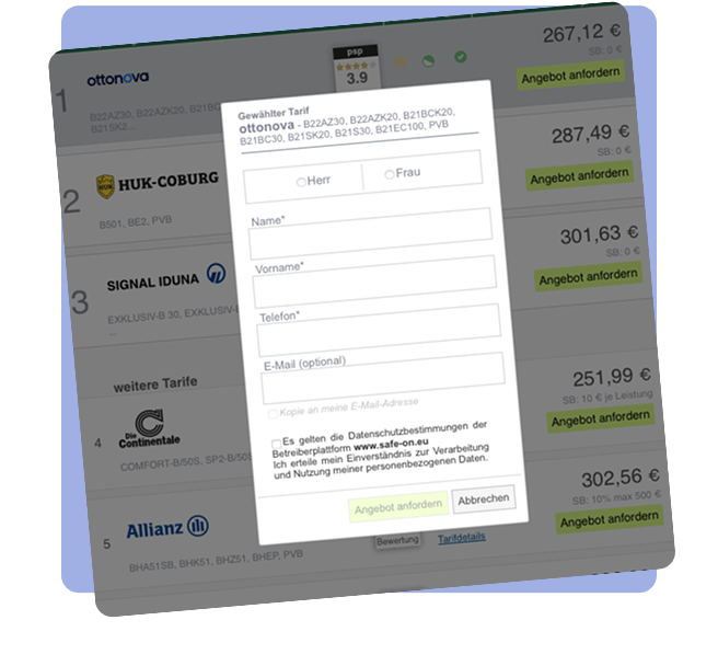Popup-Formular zur Angebotsanforderung für einen ausgewählten PKV-Tarif mit Eingabefeldern für persönliche Daten wie Name, Telefonnummer und E-Mail.