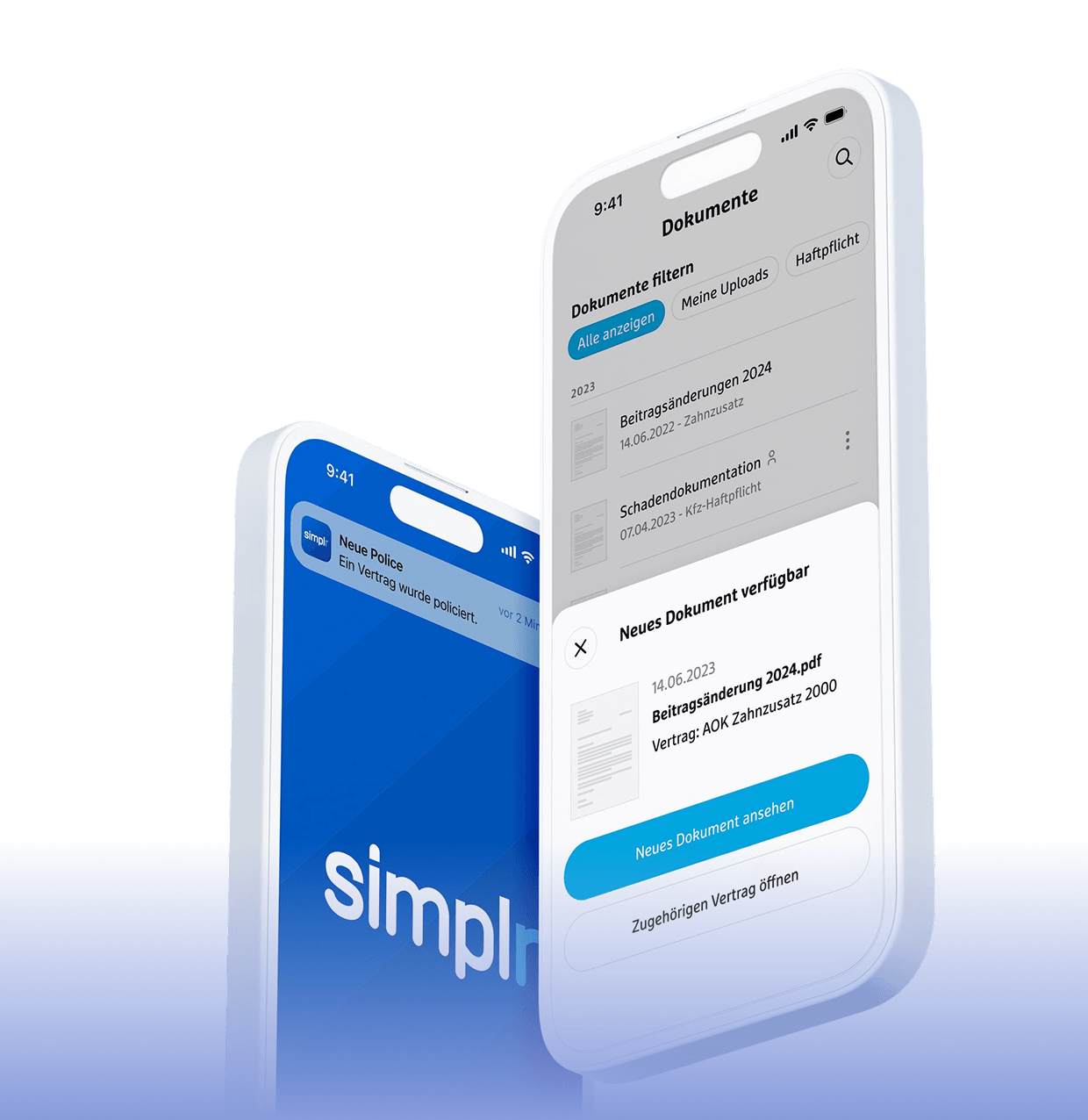 Smarte Dokumentenverwaltung mit der simplr Versicherungs-App: Übersichtliche Darstellung von Verträgen und schnelle Push-Benachrichtigungen bei neuen Policen auf dem Smartphone.