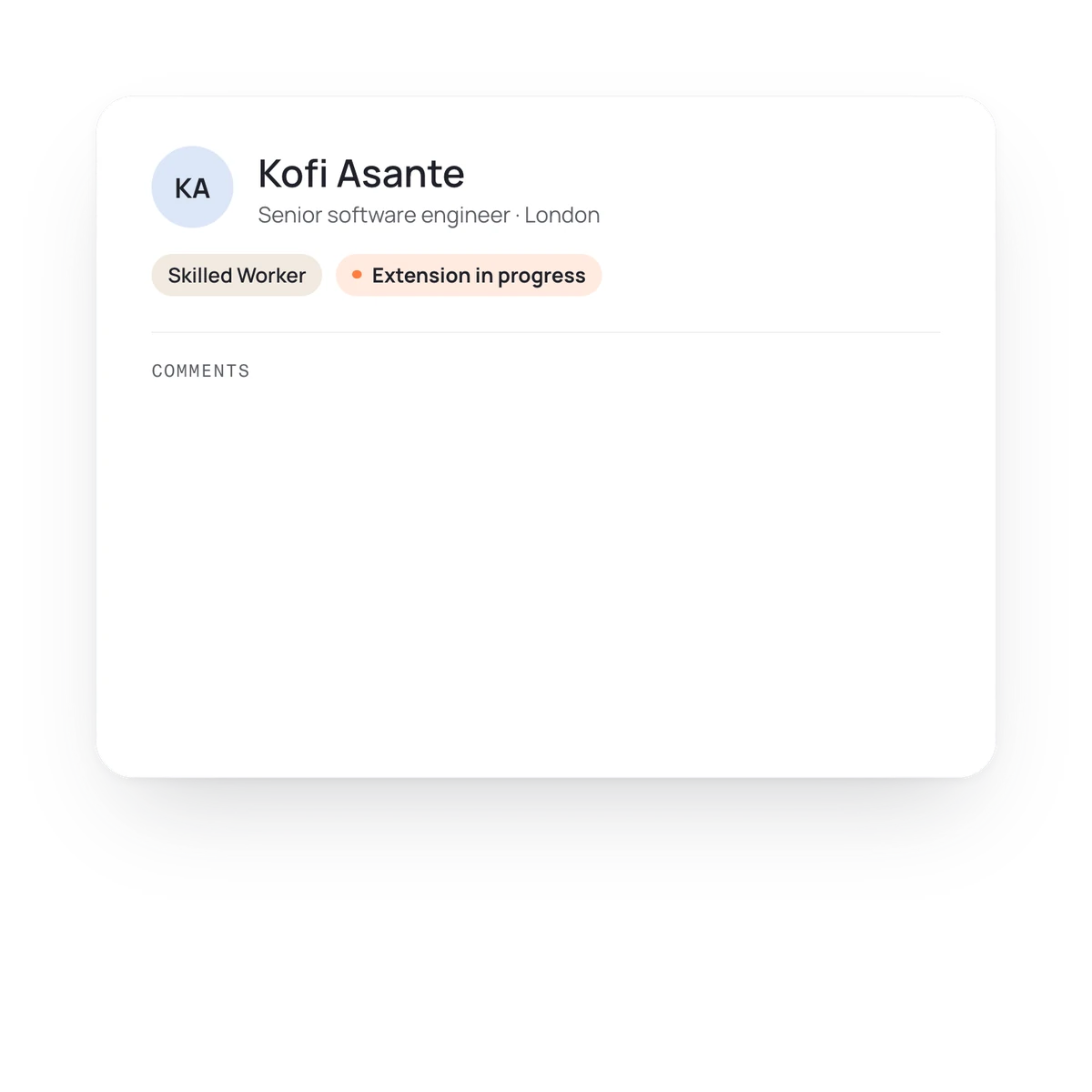 A Borderless worker record for Kofi Asante with a comment from your team confirming the start date and a reply from your adviser saying the CoS is drafted.