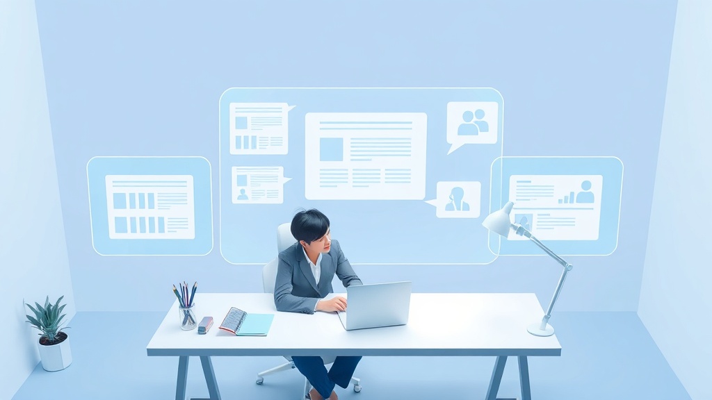 A focused professional at a minimalist desk surrounded by th
