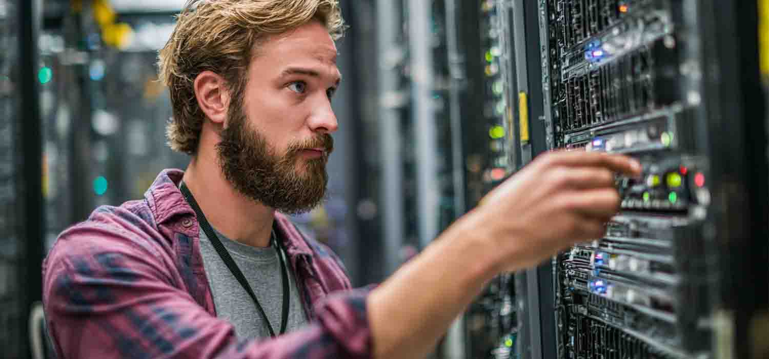 IT professional configuring a backup system for enterprise data protection