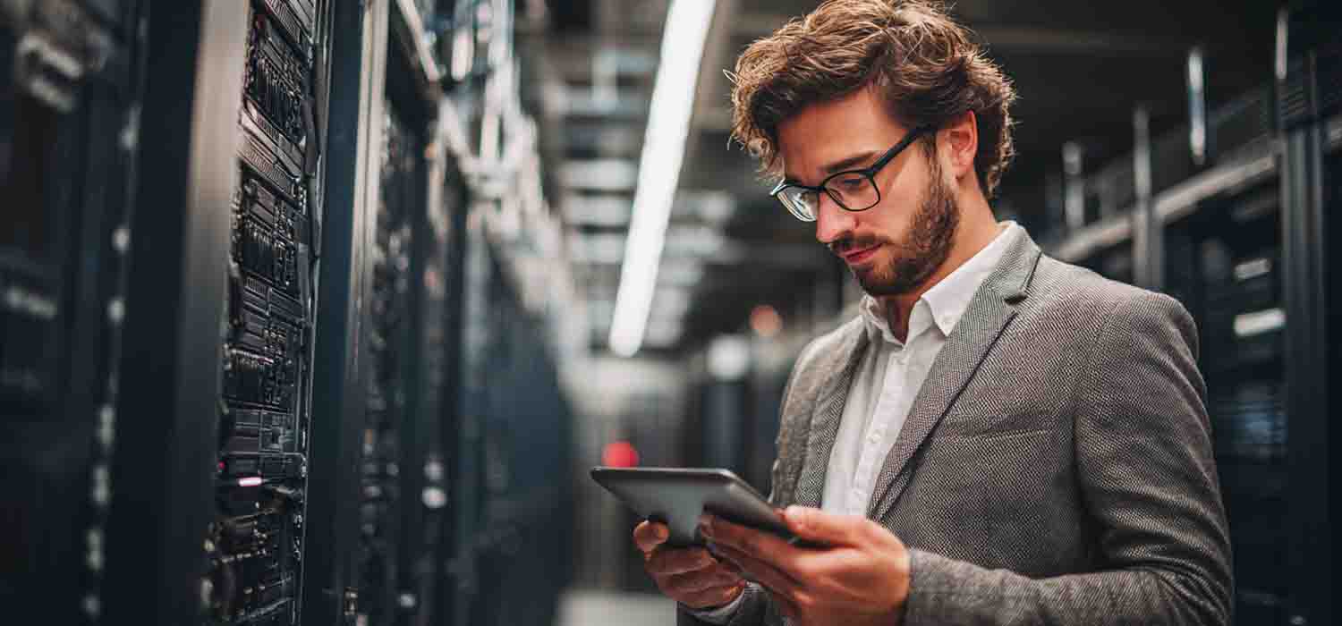 Business owner implementing data backup best practices on a secure office server
