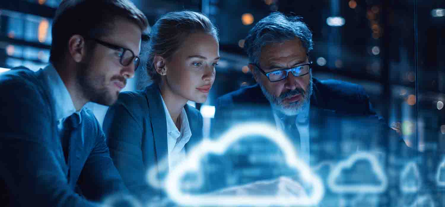 Business team reviewing cloud computing services providers on a digital dashboard