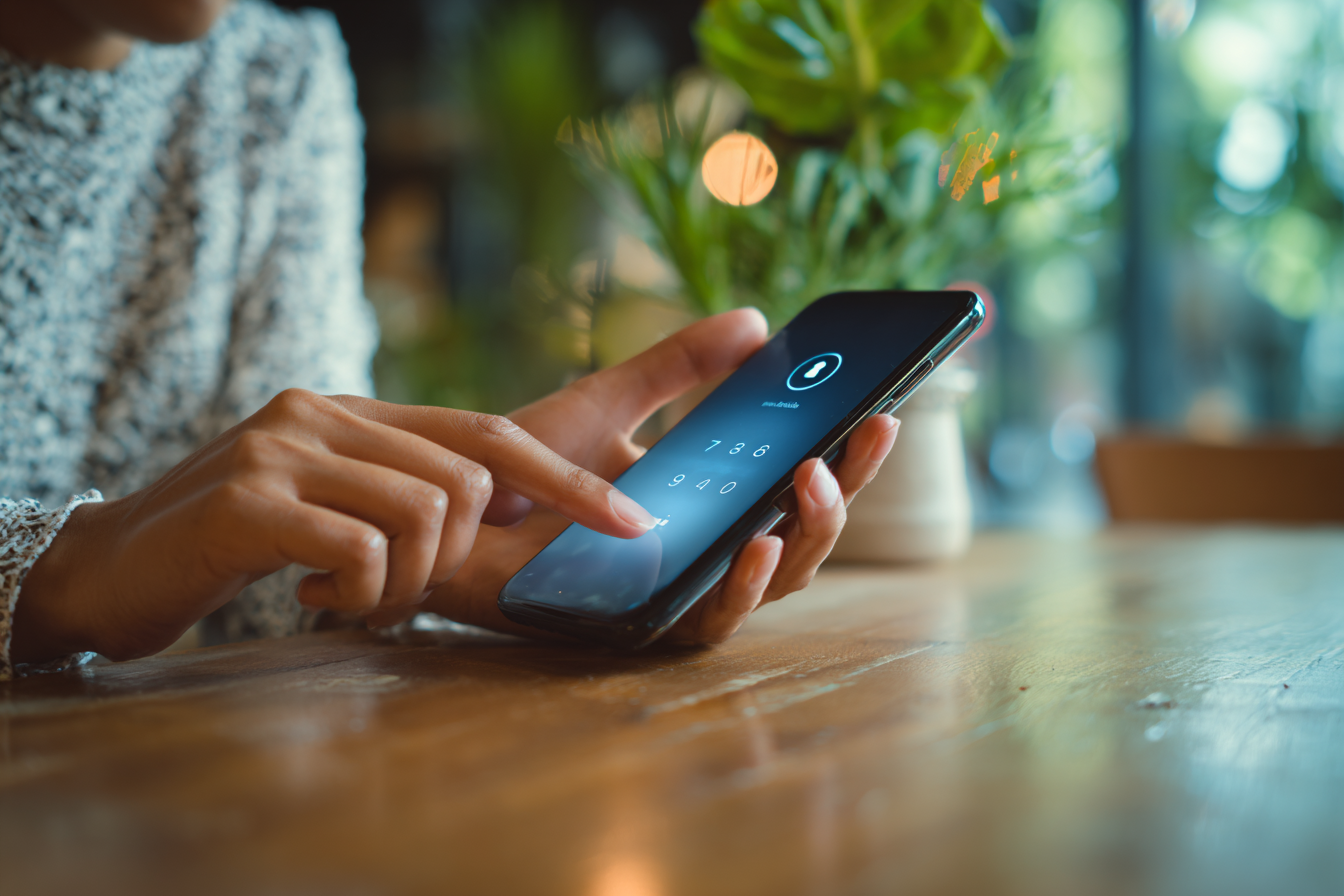 person holding a smartphone while entering a code on a login screen