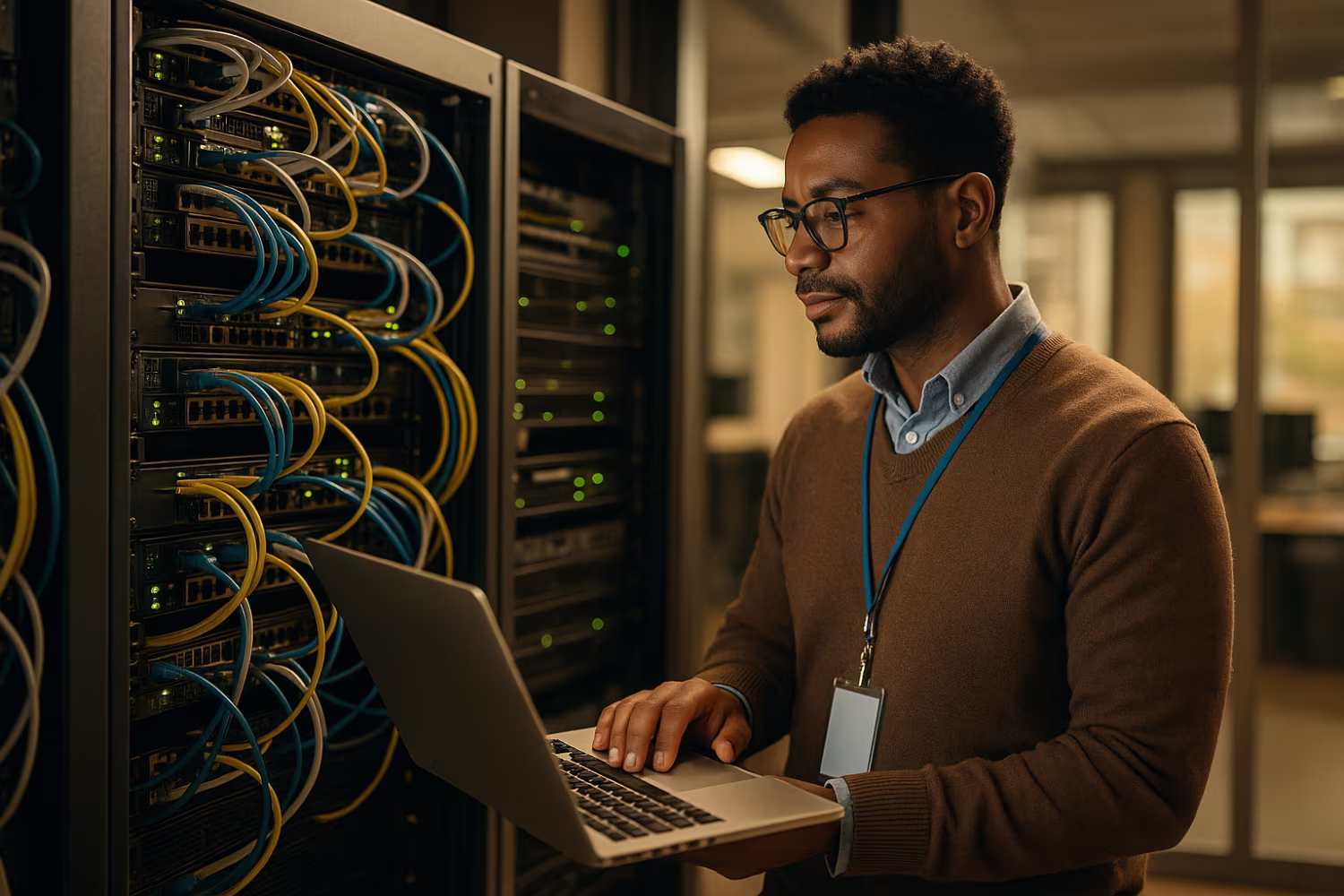 Network technician monitoring server rack