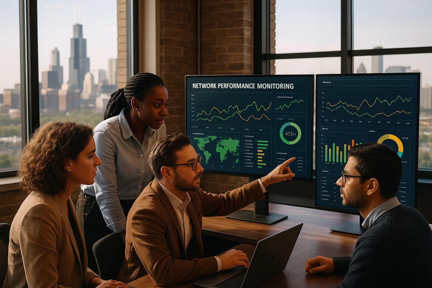 Team analyzing network performance monitoring