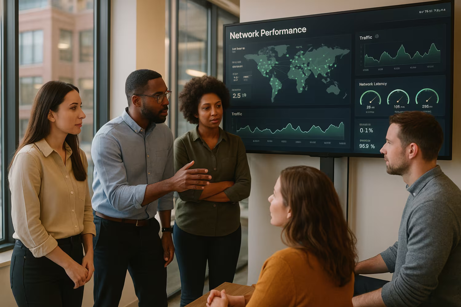 Diverse professionals analyzing network performance monitoring