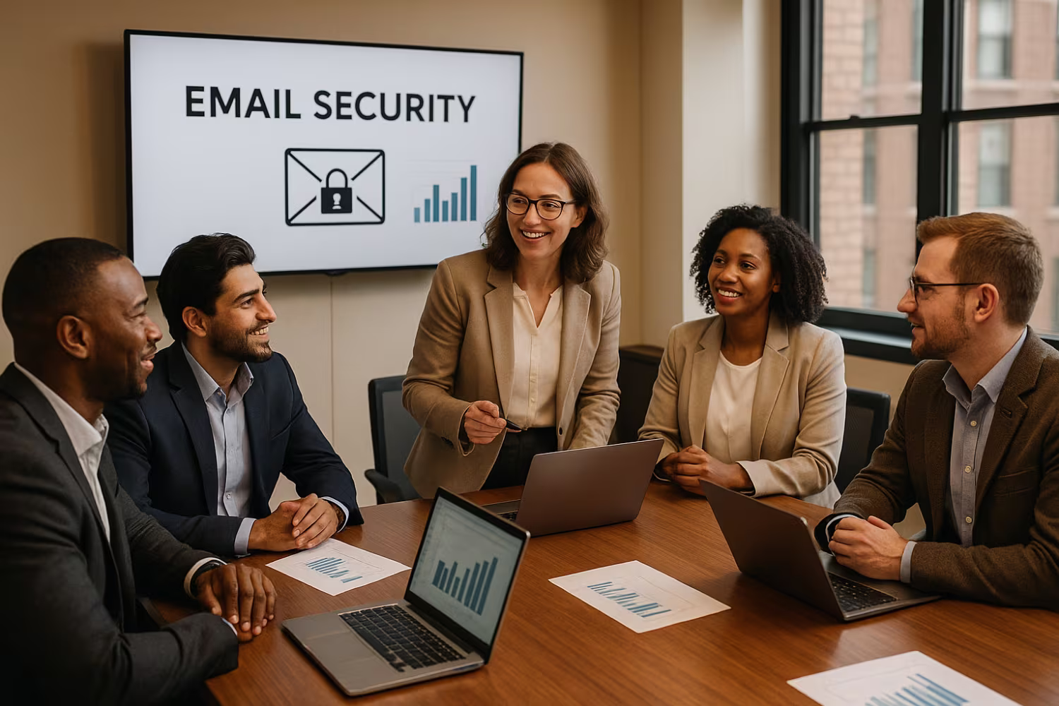 Diverse team discussing email security practices