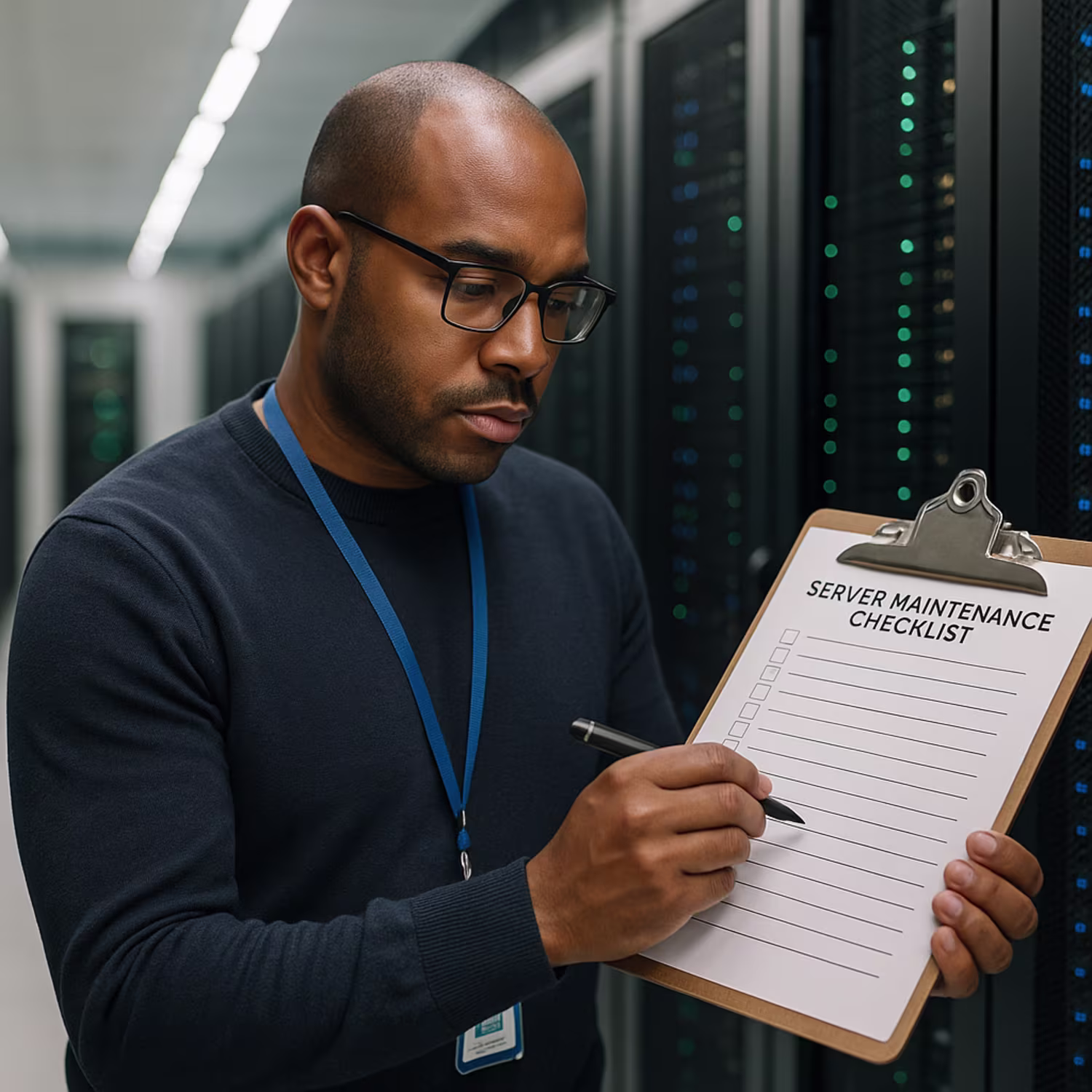 IT technician organizing server maintenance checklist