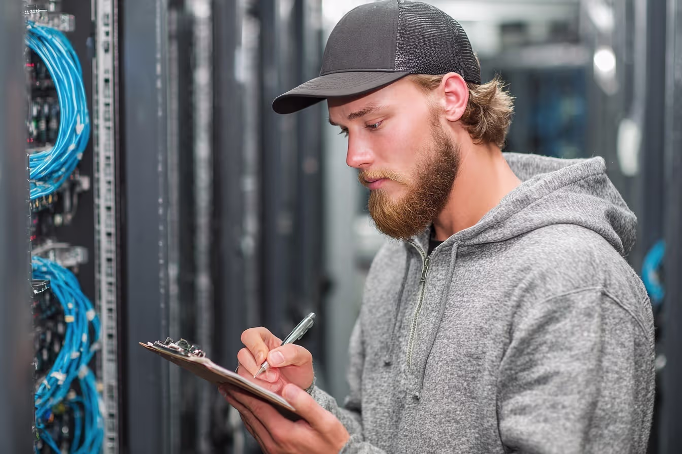IT professional inspecting server maintenance checklist