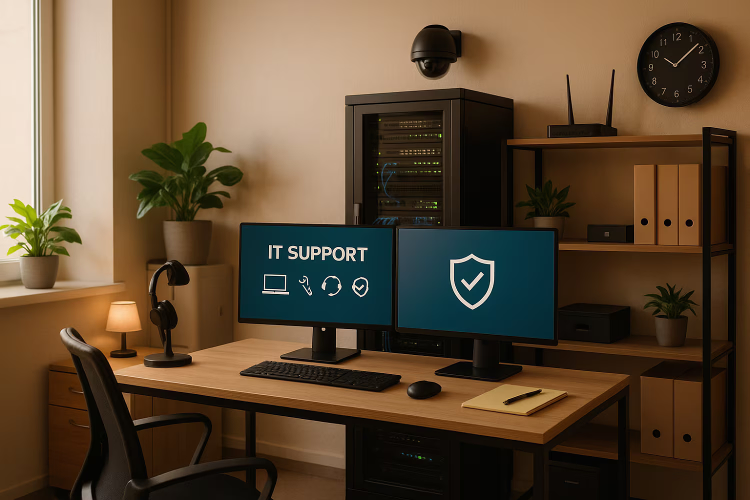 Morning panorama of high-tech IT support workspace