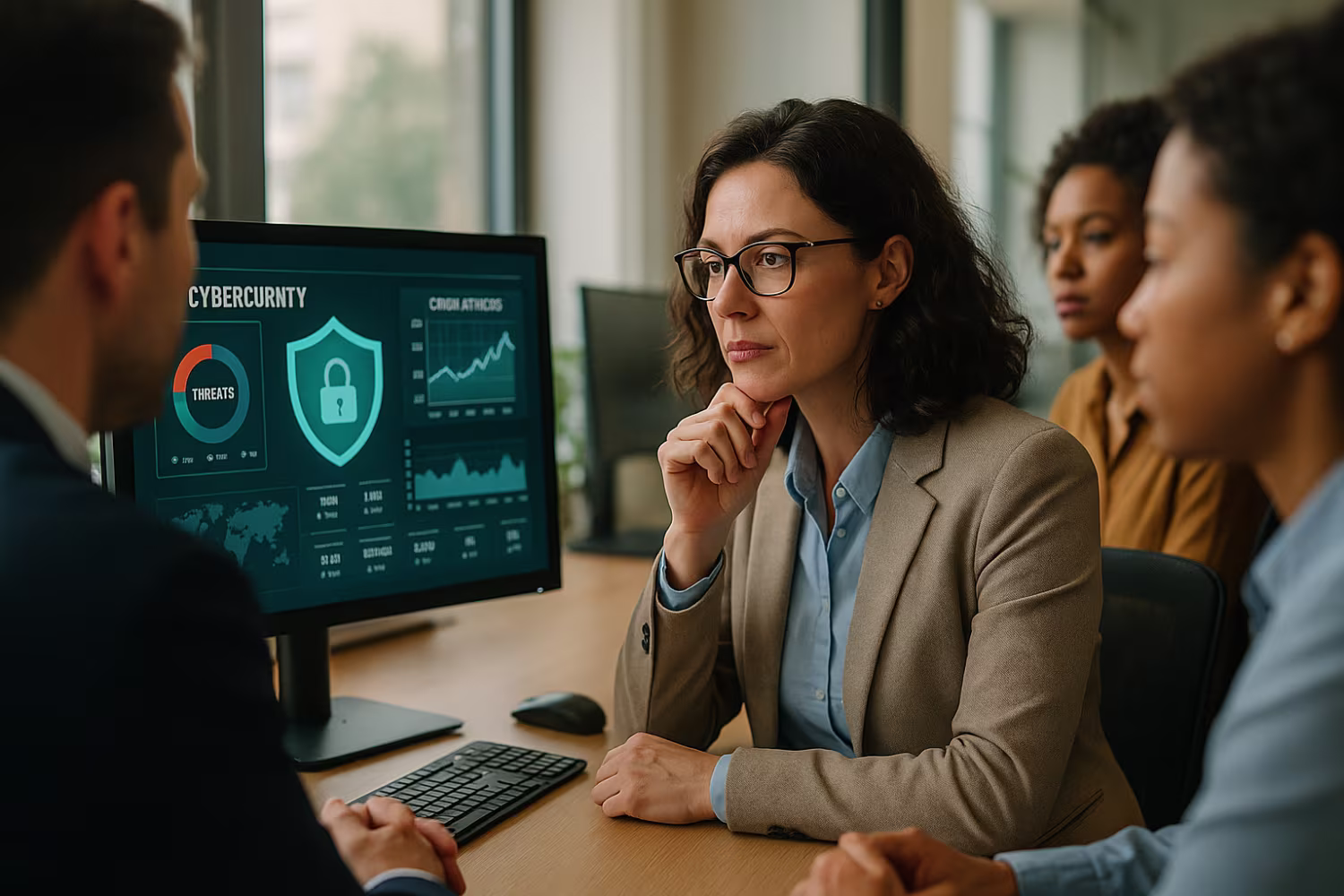 Businesswoman analyzing IT risk management dashboard