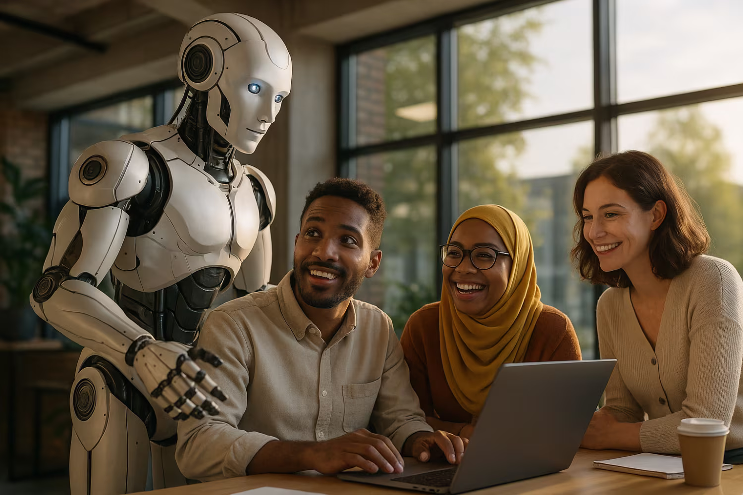 AI-powered robot assisting diverse team