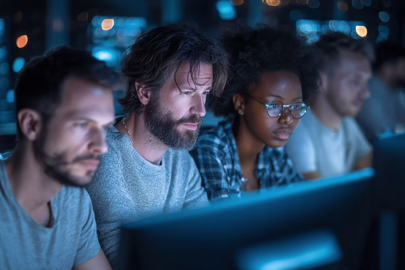 Diverse cybersecurity team analyzing IT security threats