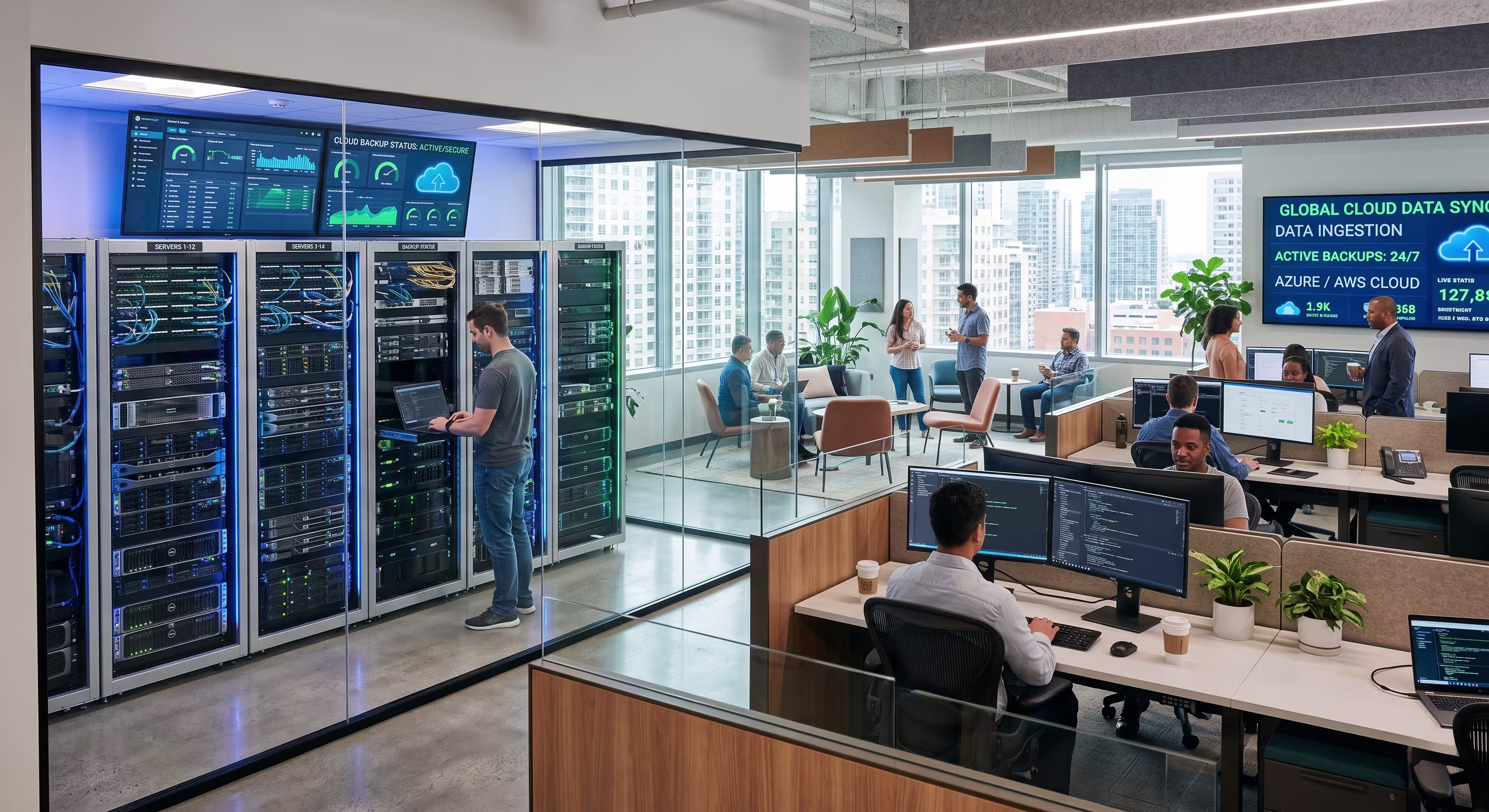 Modern office with cloud-based data backup servers