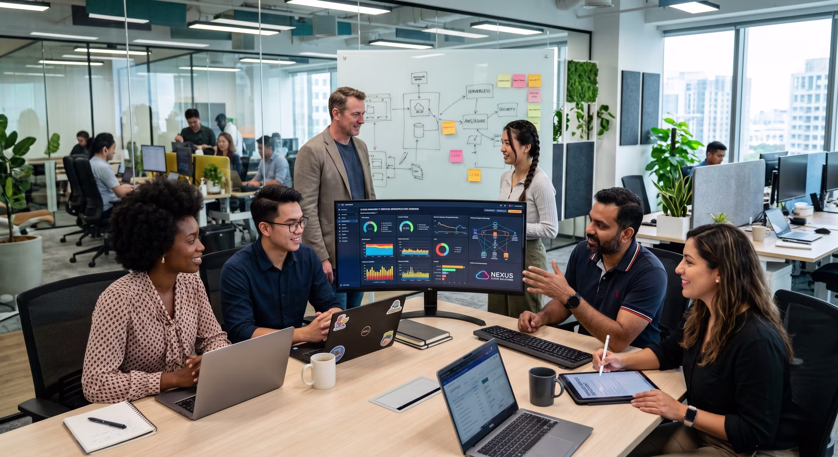 Diverse team collaborating on cloud-managed IT services