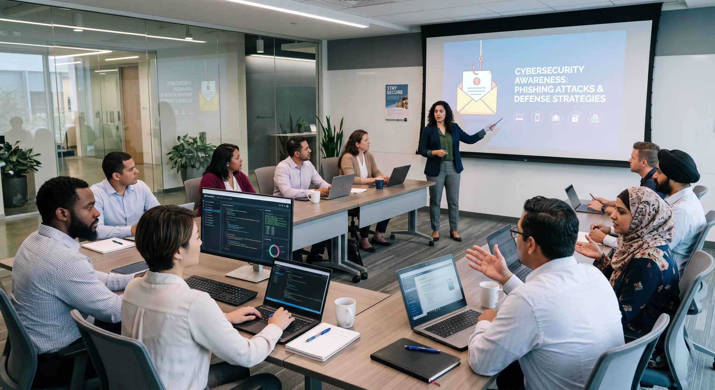 Diverse employees in cybersecurity training