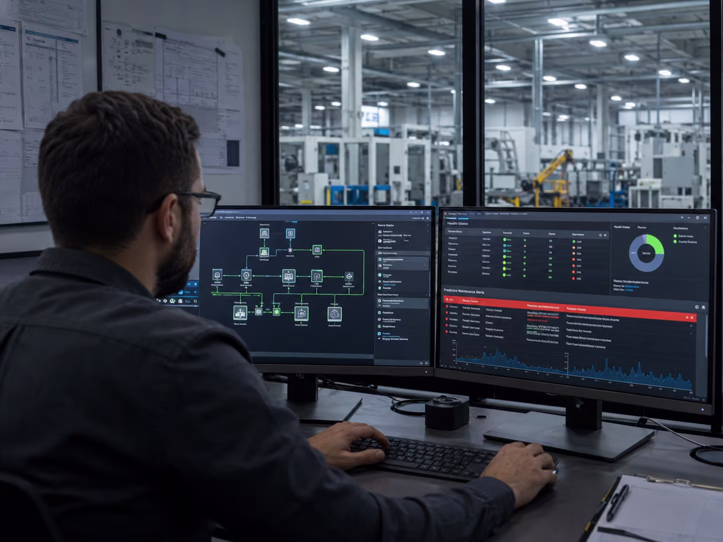 Morning-lit manufacturing floor with IT solutions
