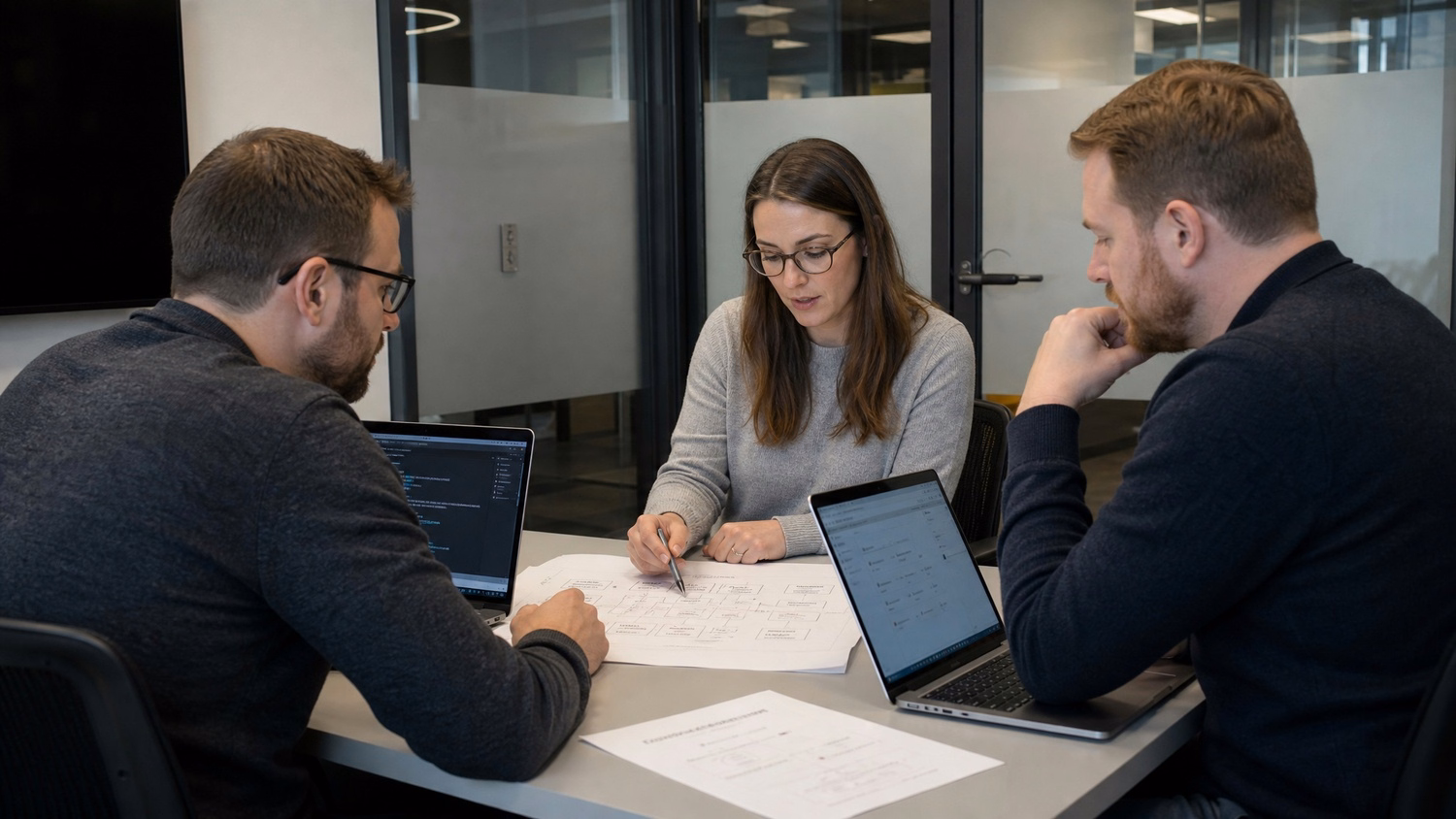 SMALL CONFERENCE ROOM An IT professional  three people seated around a small