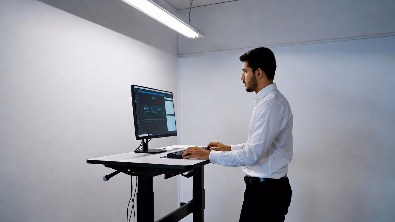 STANDING DESK An IT professional  one person standing at a height-adjustable