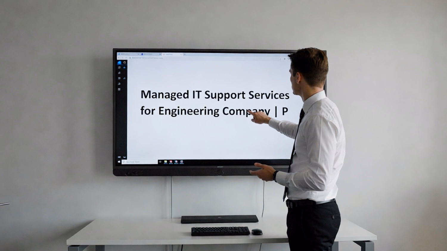 PRESENTATION SCREEN An IT professional  one person standing beside a large wa