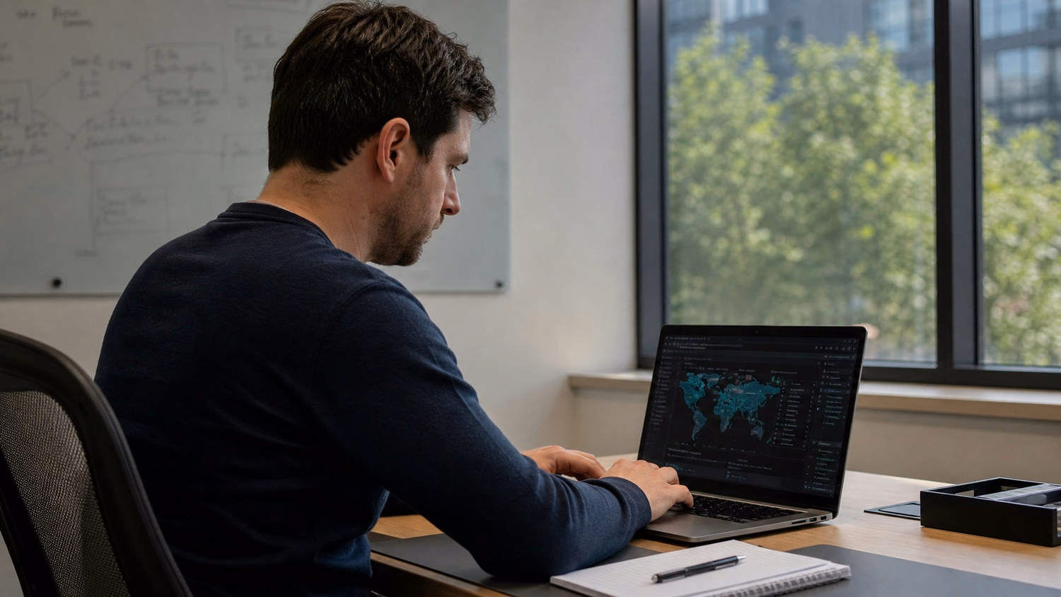 WINDOW SEAT LAPTOP An IT professional  one person working on a laptop at a de