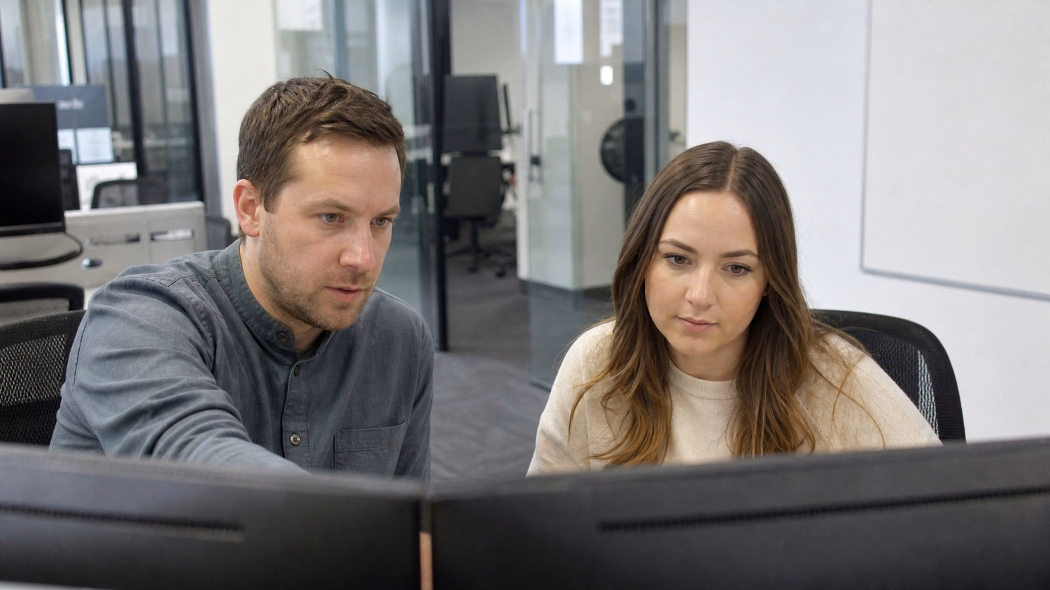 SIDE-BY-SIDE PAIR An IT professional  two people seated side by side reviewin