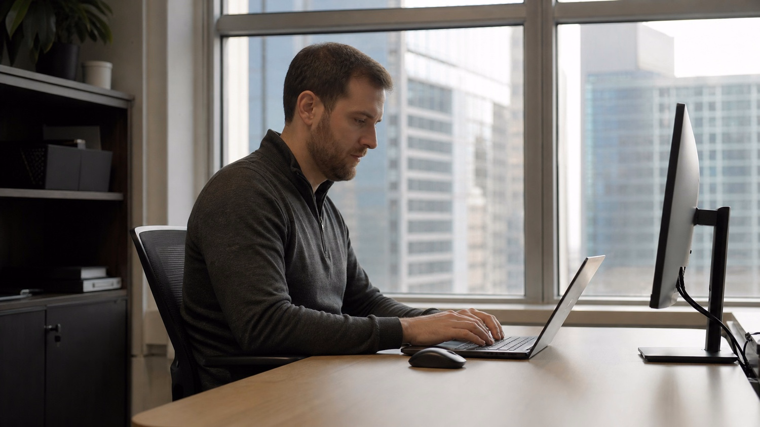 WINDOW SEAT LAPTOP An IT professional  one person working on a laptop at a de