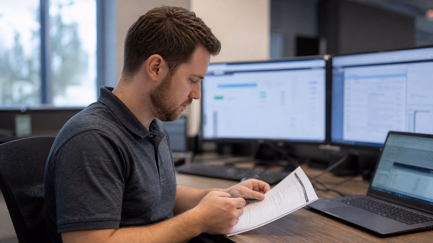 FOCUSED READING An IT professional one person seated at a desk reading print