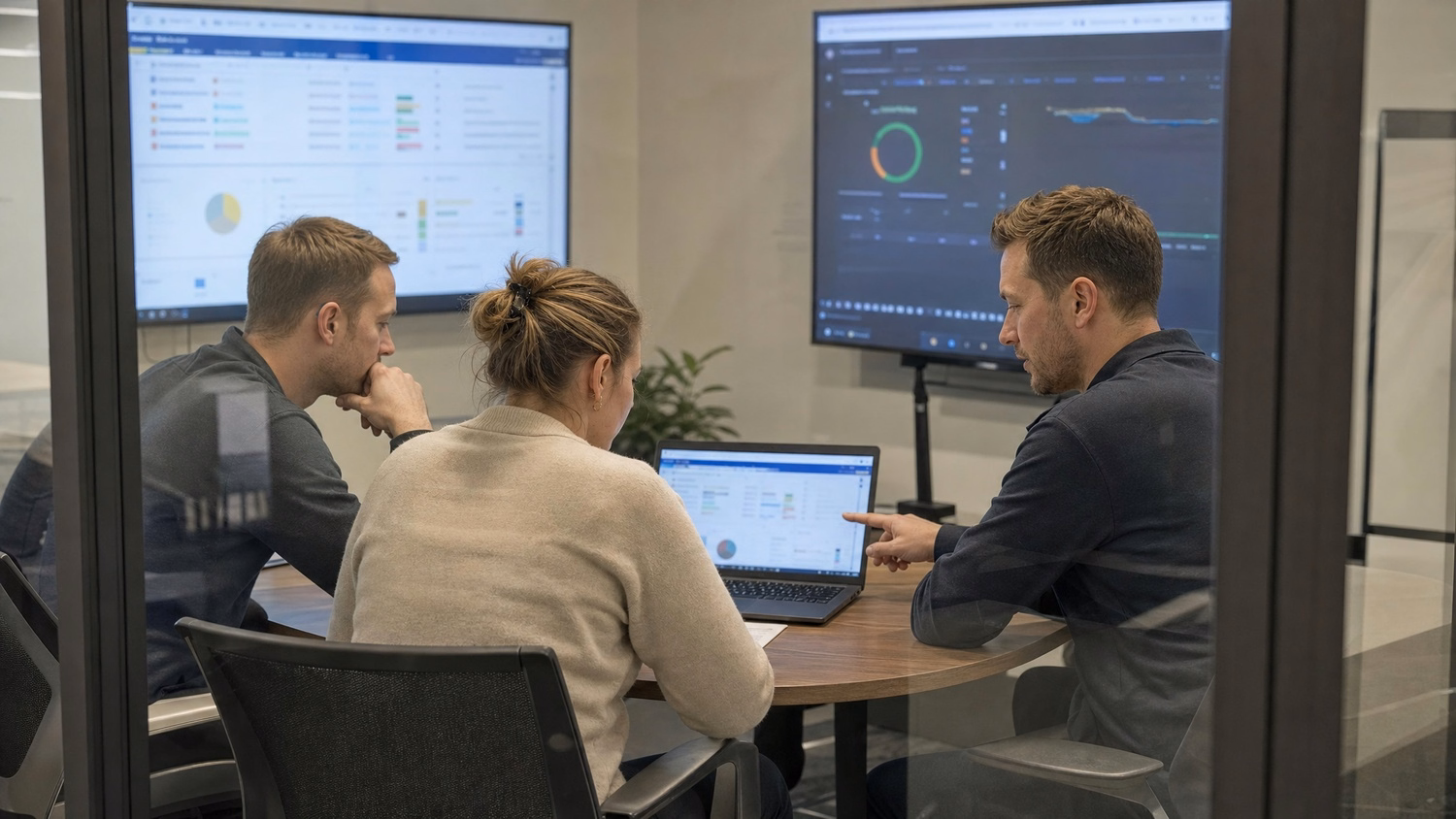 SMALL CONFERENCE ROOM An IT professional three people seated around a small