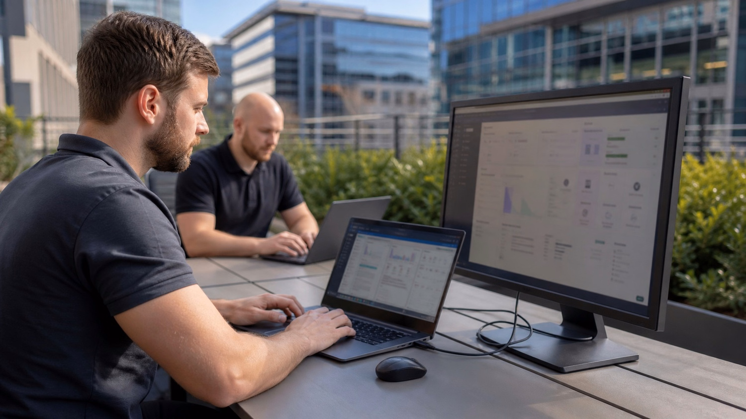 OUTDOOR TERRACE An IT professional one or two people working at a table on a