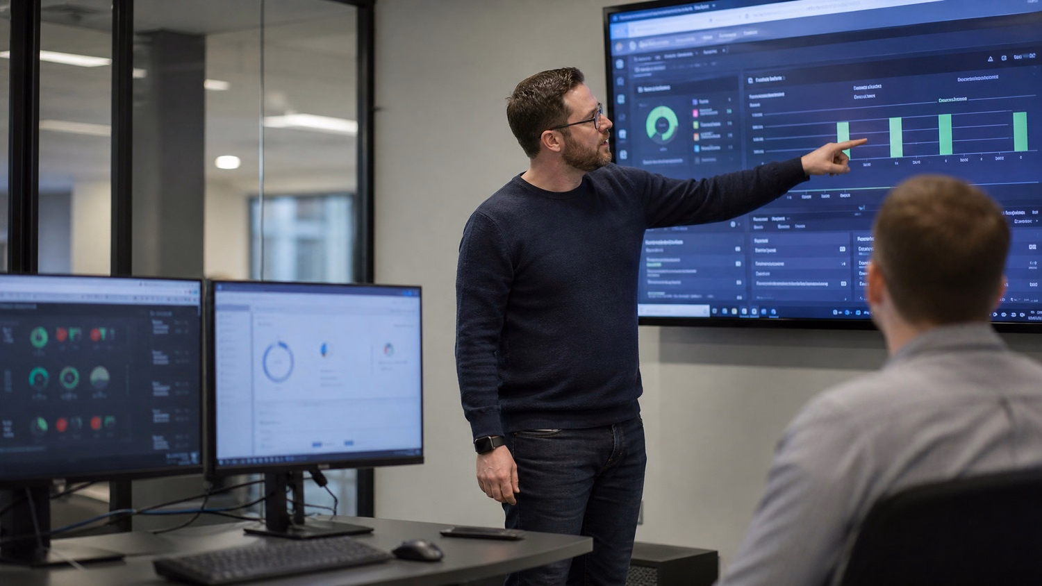 PRESENTATION SCREEN An IT professional one person standing beside a large wa