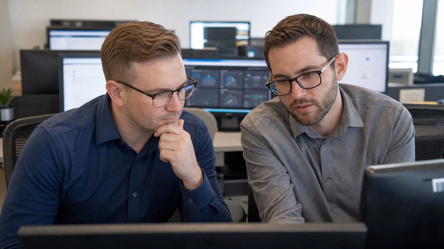SIDE-BY-SIDE PAIR An IT professional two people seated side by side reviewin